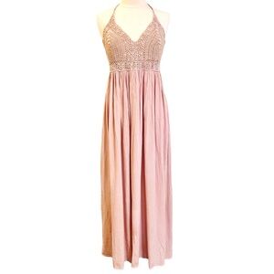 Mirror Image Blush Pink Crochet Halter Maxi Dress Size M Boho Cotton Stein Mart